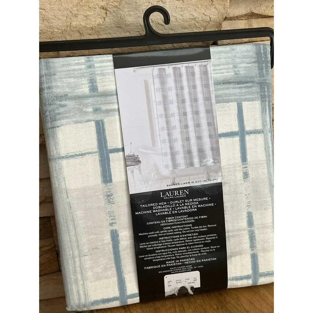 New Ralph Lauren Shower Curtain Watercolor Check Blue White Geometric Cotton